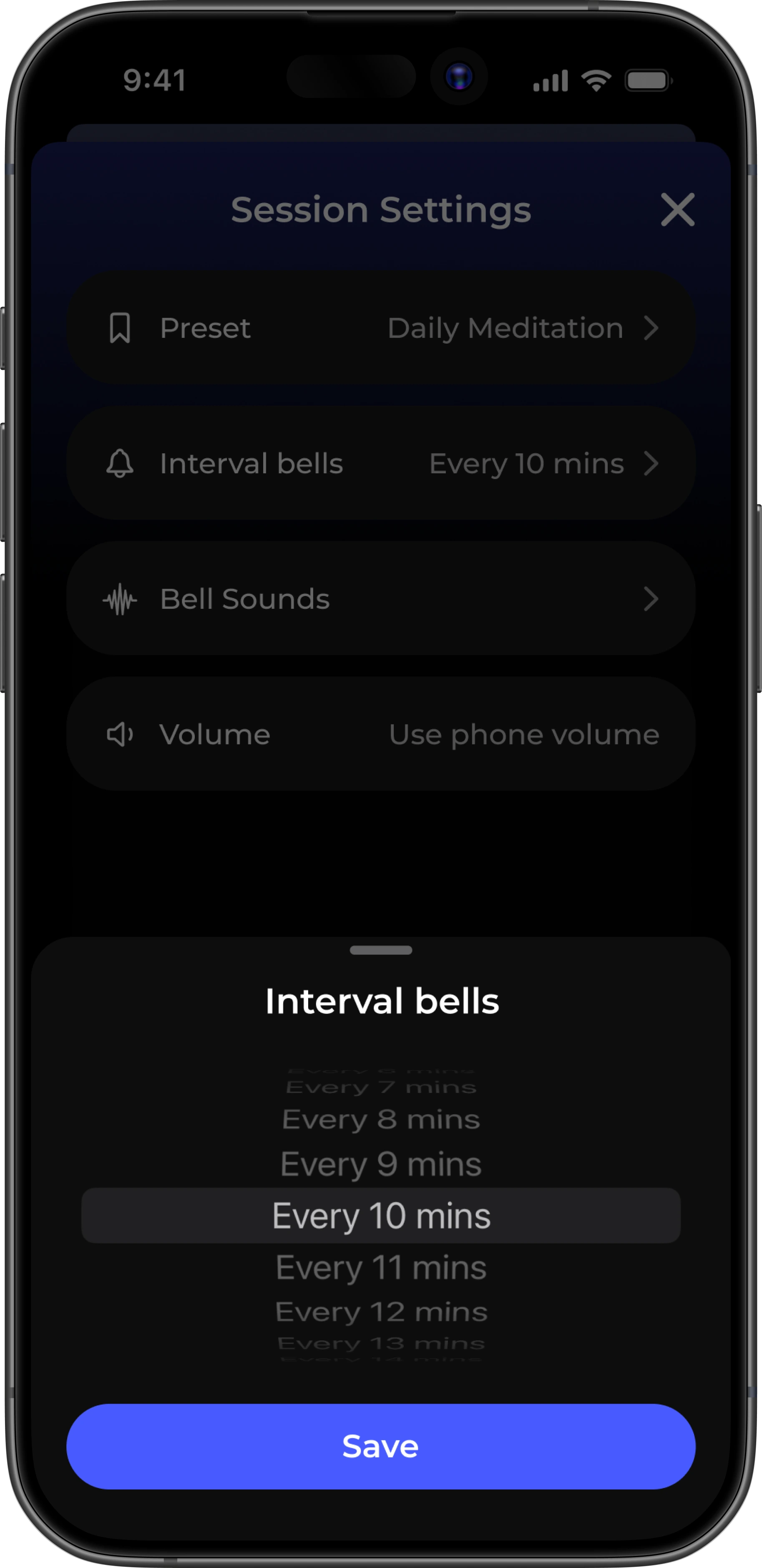 Interval bells picker showing Every 10 mins selected with a Save button