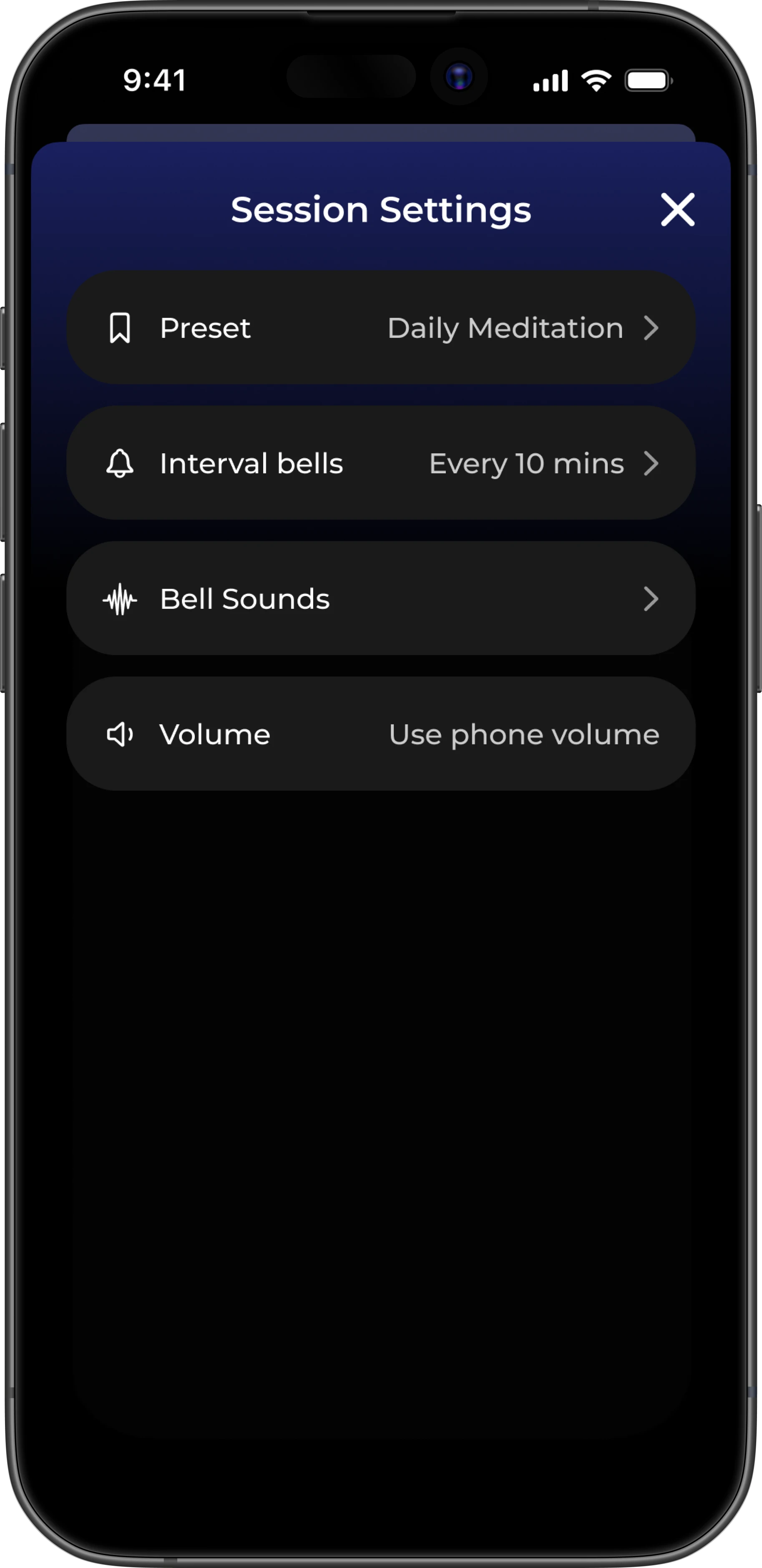Session settings screen showing interval bells set to every 10 mins